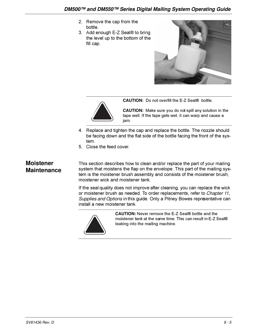 Pitney Bowes DM500, DM550 manual Moistener Maintenance 