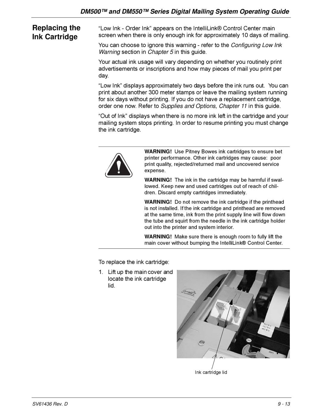 Pitney Bowes DM500, DM550 manual Replacing the Ink Cartridge 