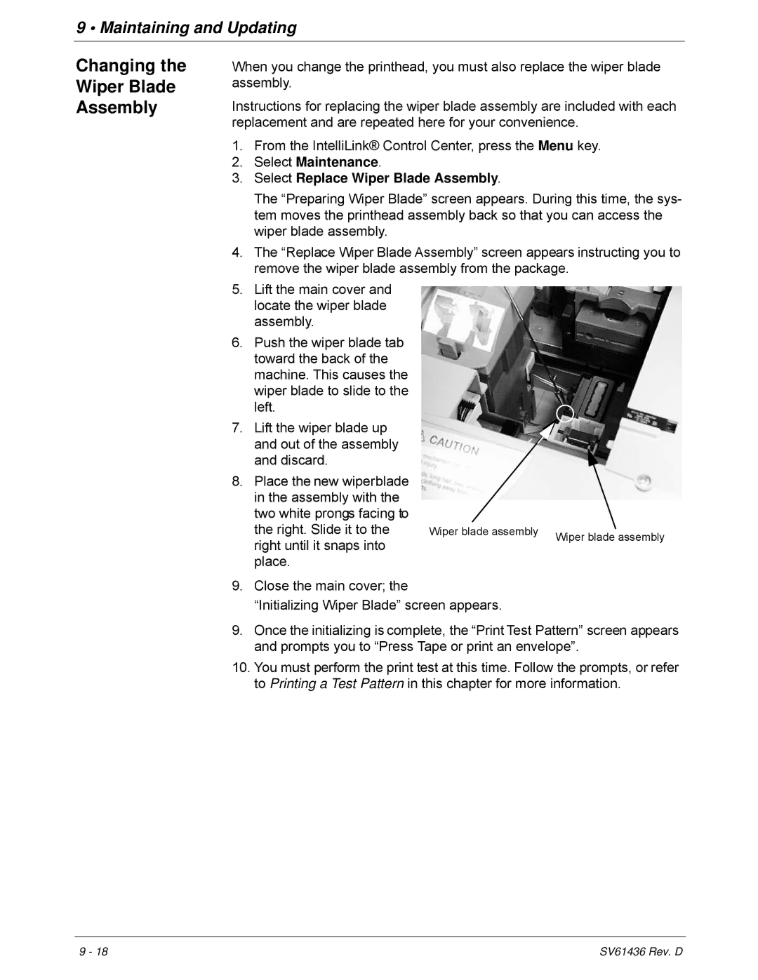 Pitney Bowes DM550, DM500 manual Changing Wiper Blade Assembly, Select Maintenance Select Replace Wiper Blade Assembly 