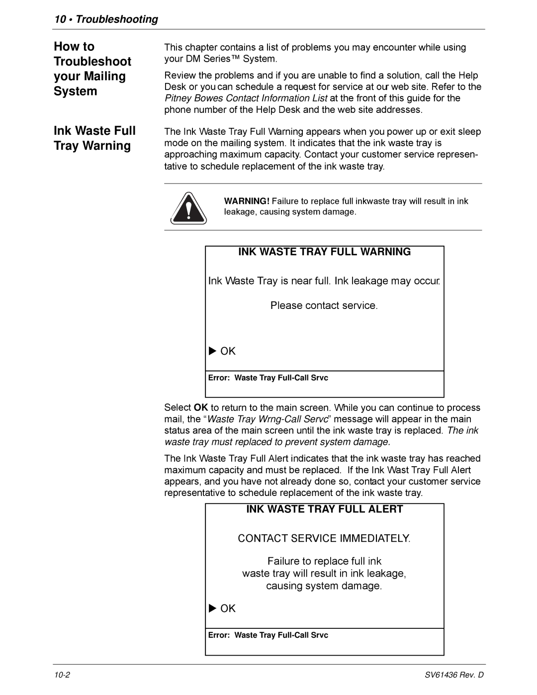 Pitney Bowes DM550, DM500 manual Ink Waste Full Tray Warning, How to Troubleshoot your Mailing System 