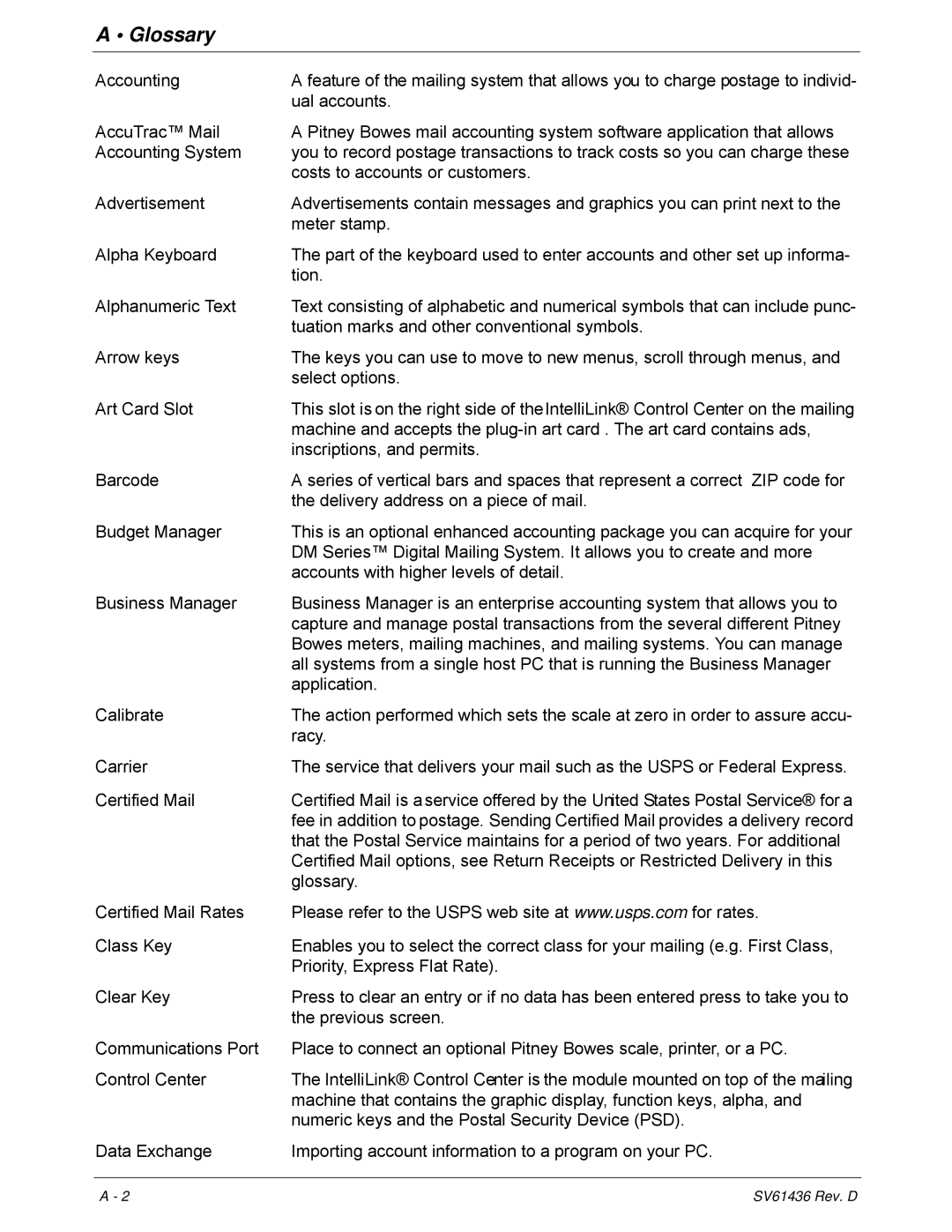 Pitney Bowes DM550, DM500 manual Glossary 