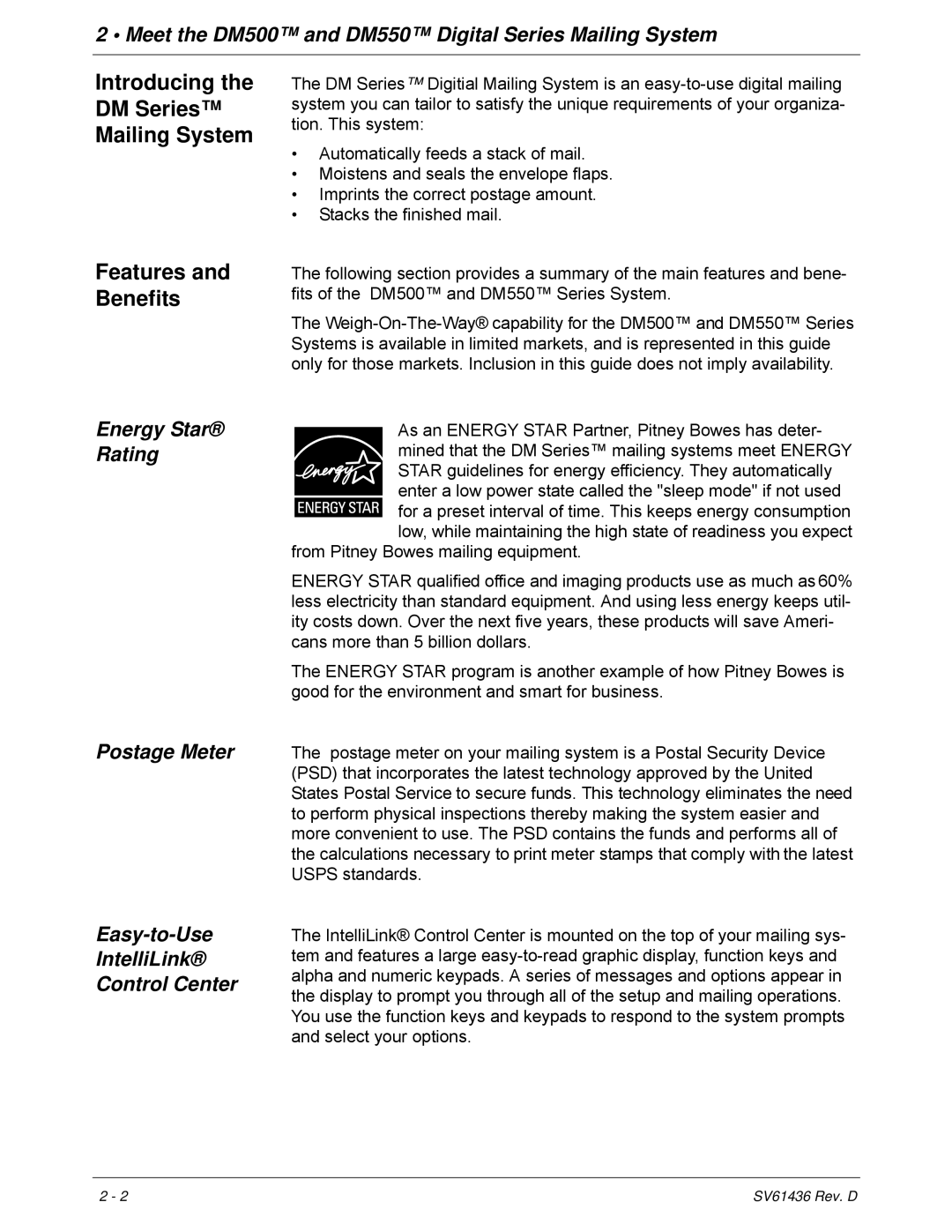 Pitney Bowes DM550, DM500 manual Introducing DM Series Mailing System Features and Benefits 