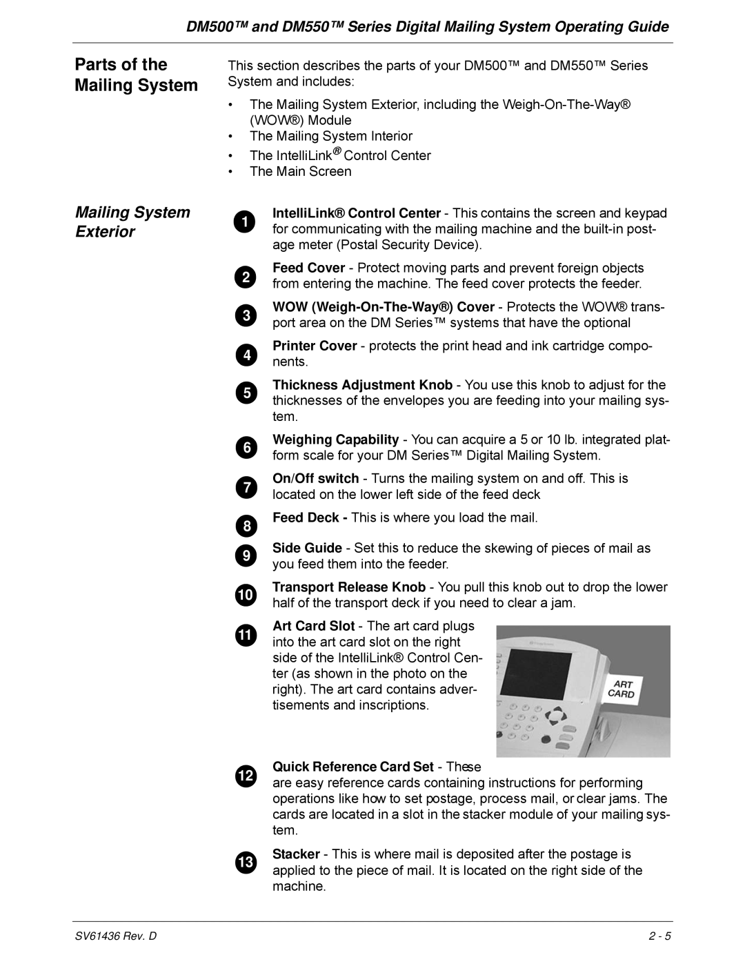 Pitney Bowes DM500, DM550 manual Parts of the Mailing System, Mailing System Exterior, Quick Reference Card Set These 