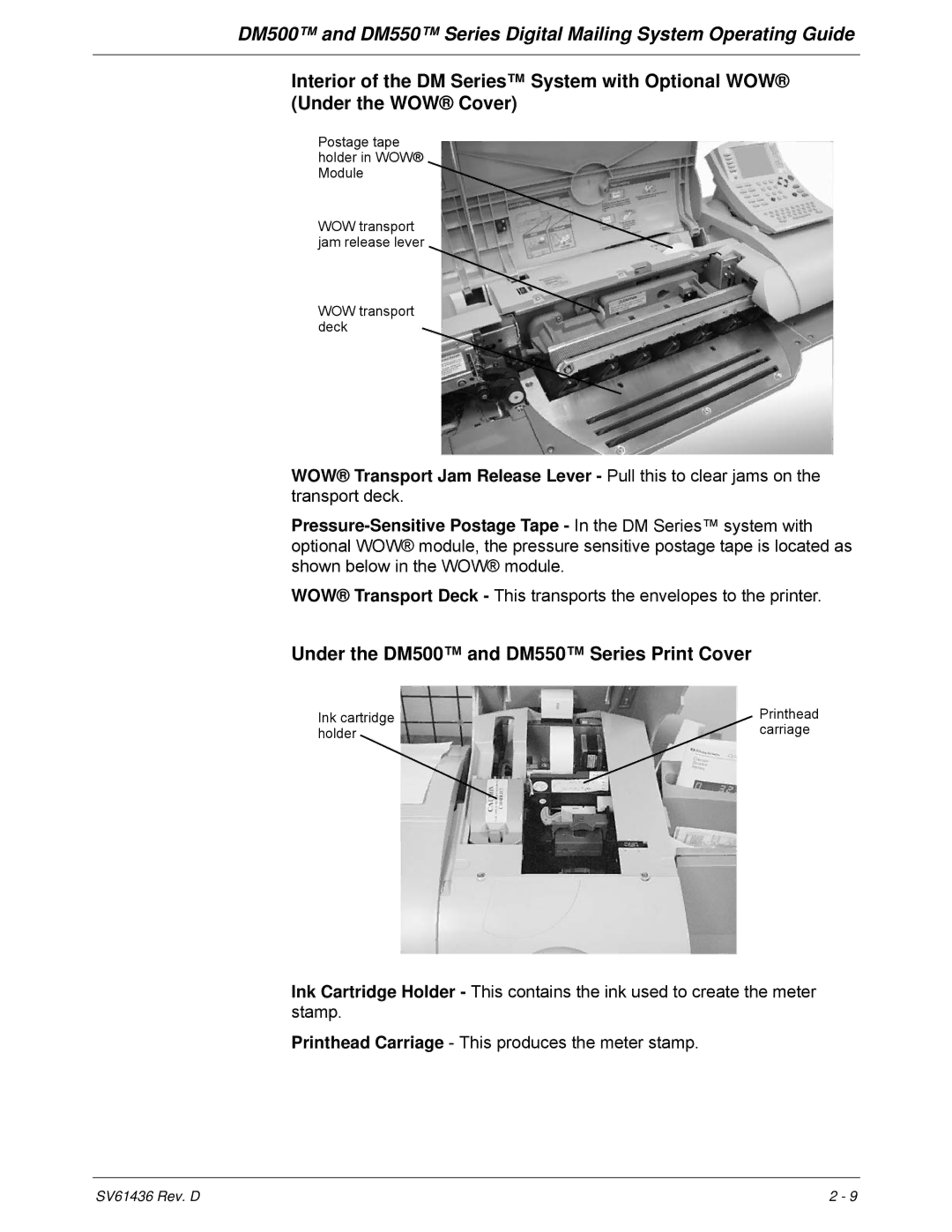 Pitney Bowes manual Under the DM500 and DM550 Series Print Cover 