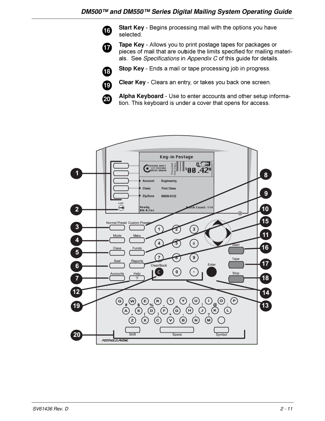 Pitney Bowes DM500, DM550 manual SV61436 Rev. D 