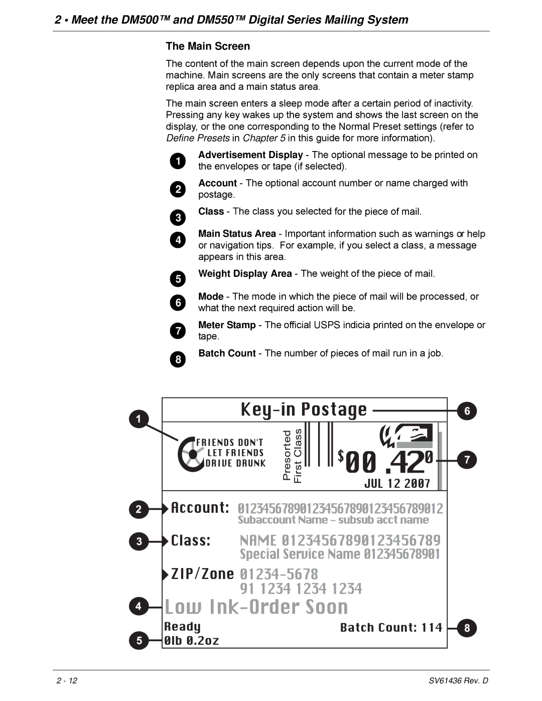 Pitney Bowes DM550, DM500 manual Main Screen 