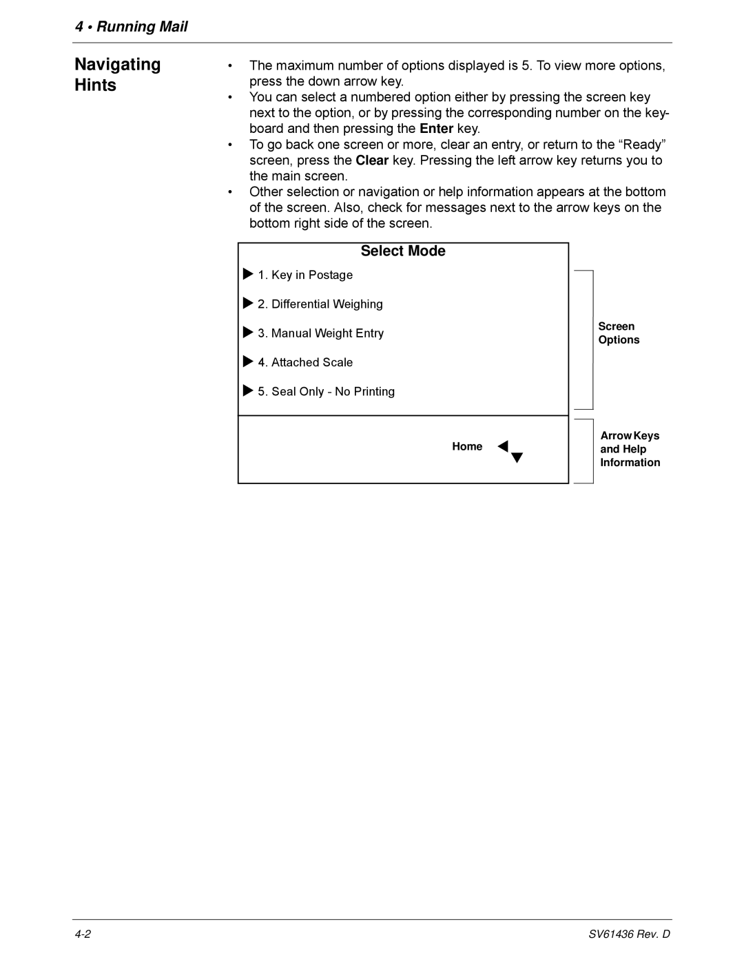 Pitney Bowes DM550, DM500 manual Navigating Hints, Select Mode 