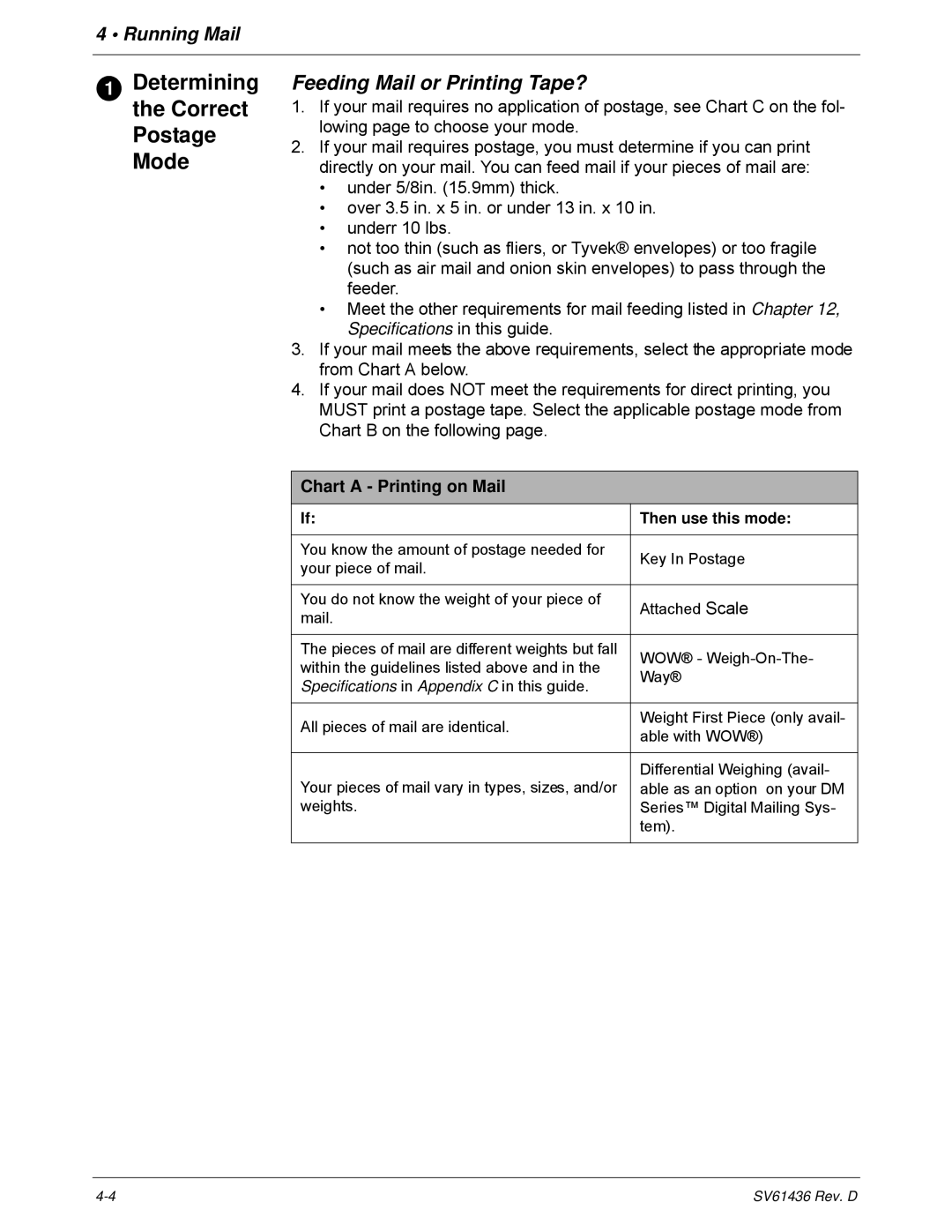 Pitney Bowes DM550, DM500 Determining the Correct Postage Mode, Feeding Mail or Printing Tape?, Chart a Printing on Mail 