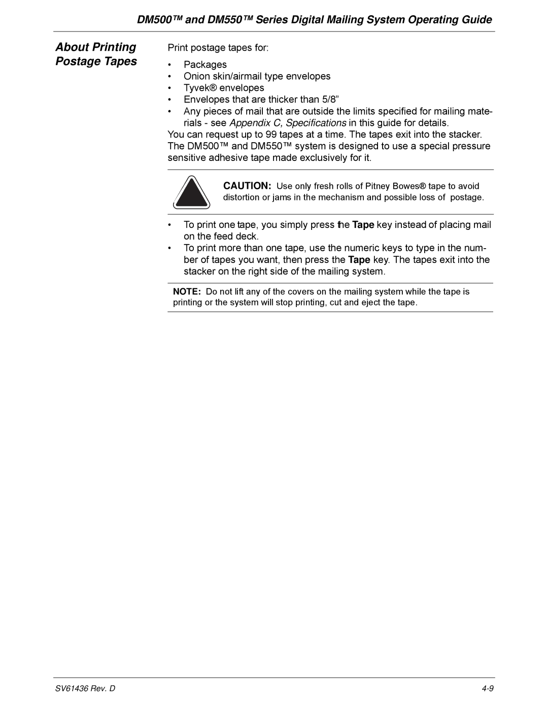 Pitney Bowes DM500, DM550 manual About Printing Postage Tapes 