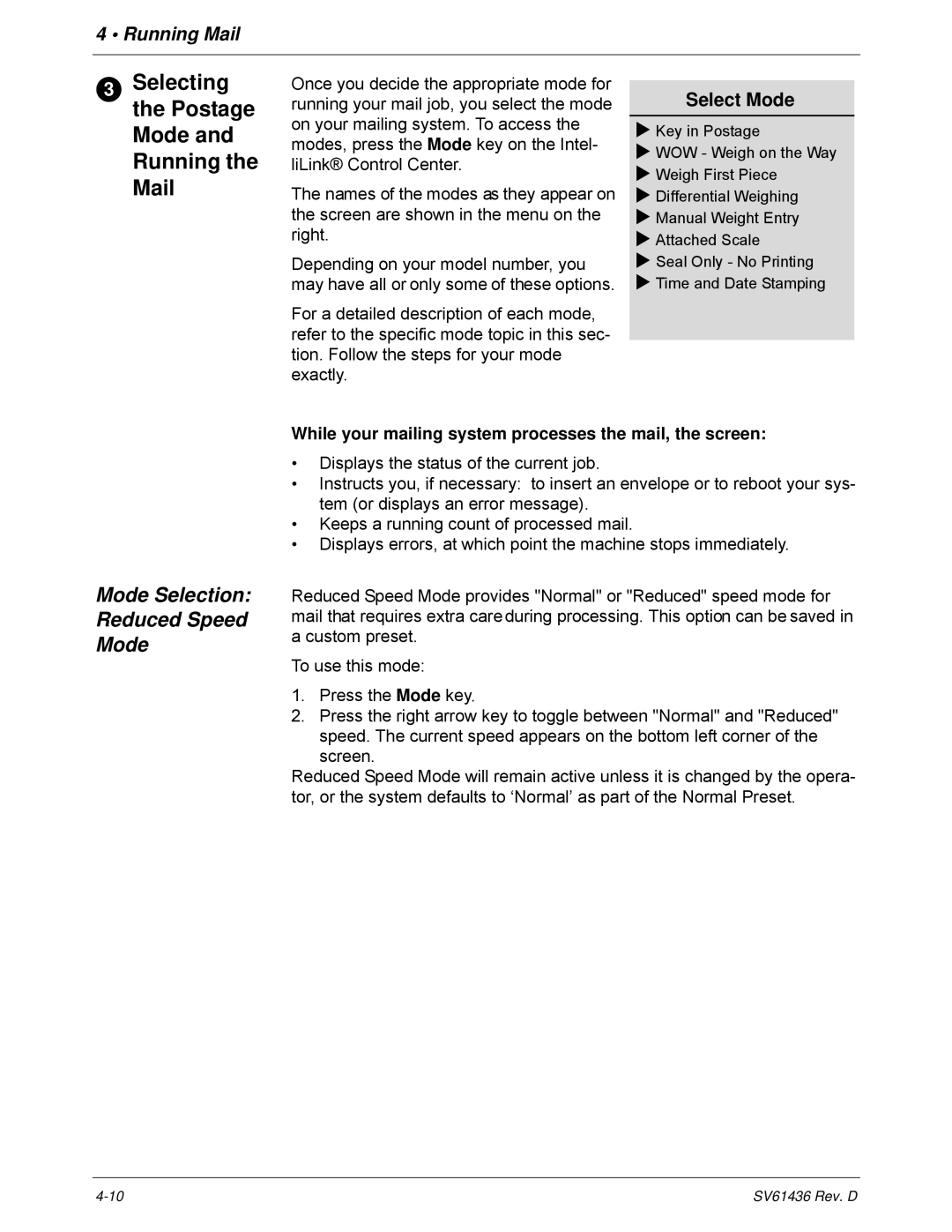 Pitney Bowes DM550, DM500 manual Selecting the Postage Mode and Running the Mail, Mode Selection Reduced Speed 