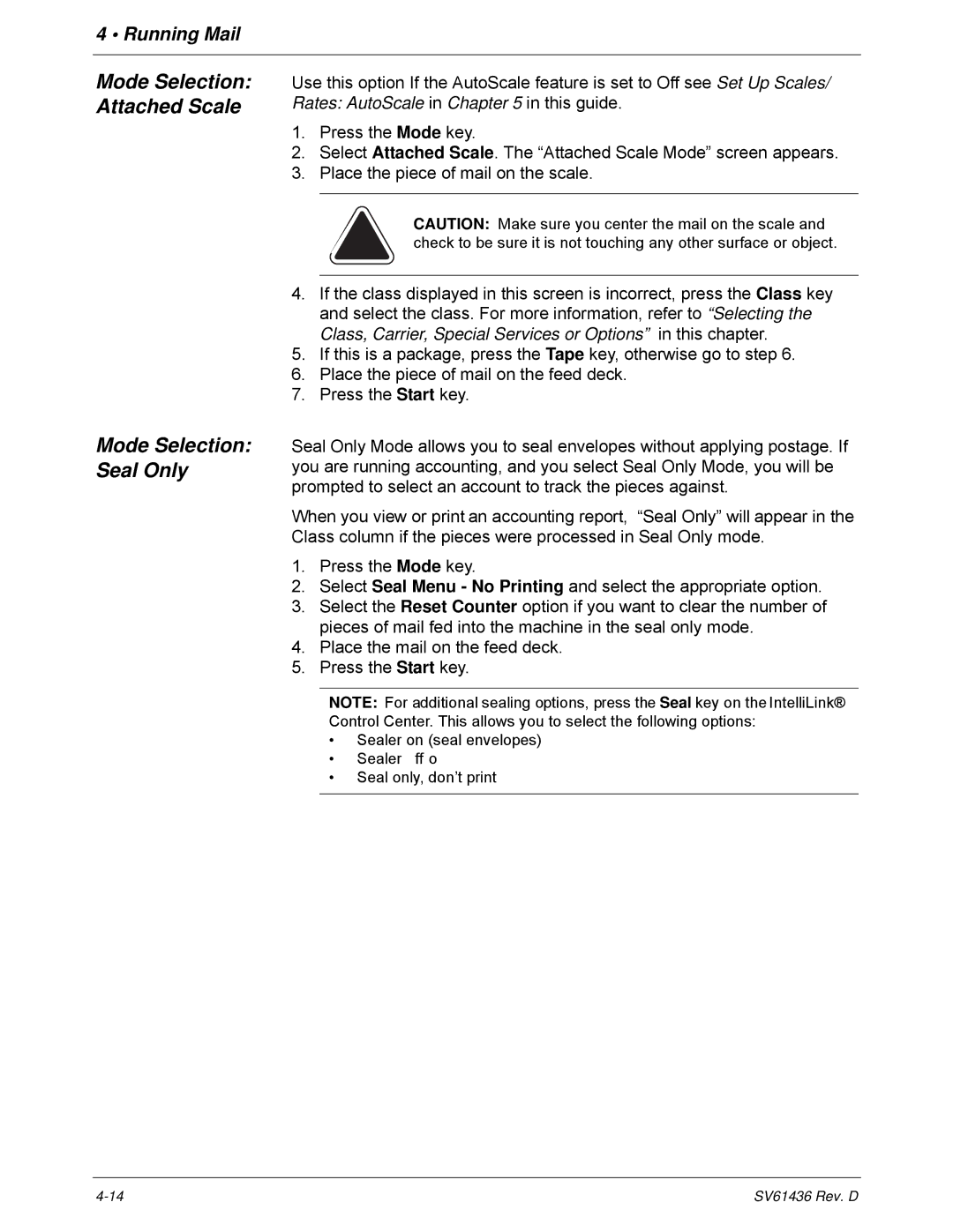 Pitney Bowes DM550, DM500 manual Mode Selection Attached Scale Mode Selection Seal Only 