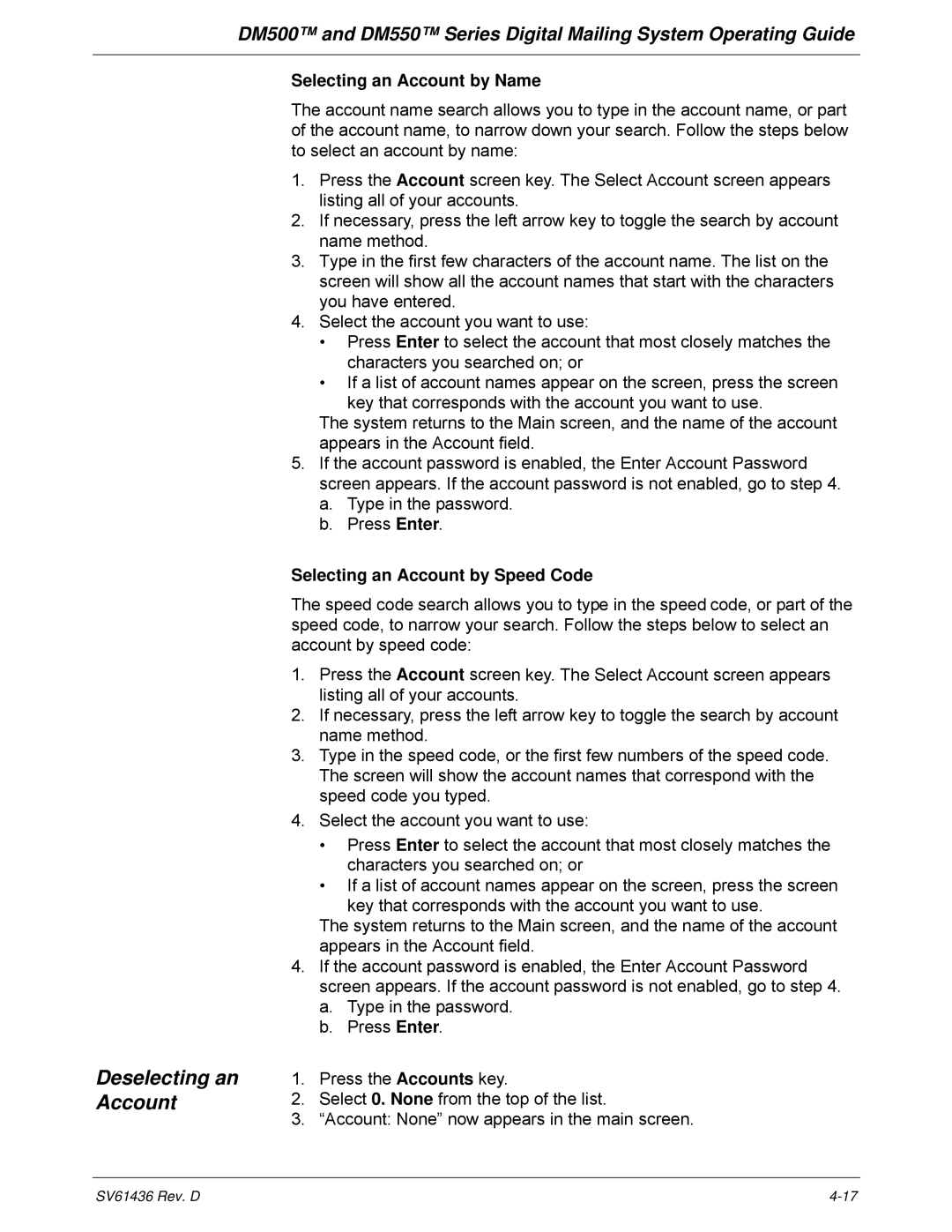 Pitney Bowes DM500, DM550 manual Deselecting an Account, Selecting an Account by Name, Selecting an Account by Speed Code 