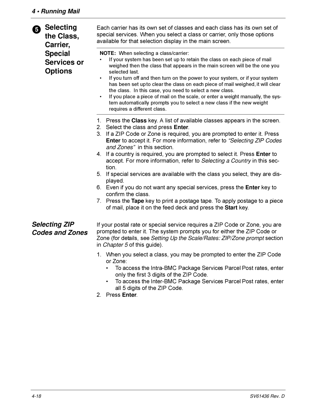 Pitney Bowes DM550, DM500 manual Selecting the Class, Carrier, Special Services or Options, Selecting ZIP Codes and Zones 