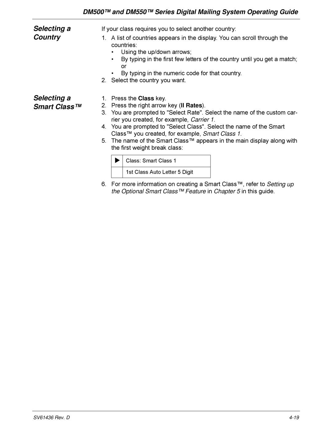 Pitney Bowes DM500, DM550 manual Selecting a Country Selecting a Smart Class 