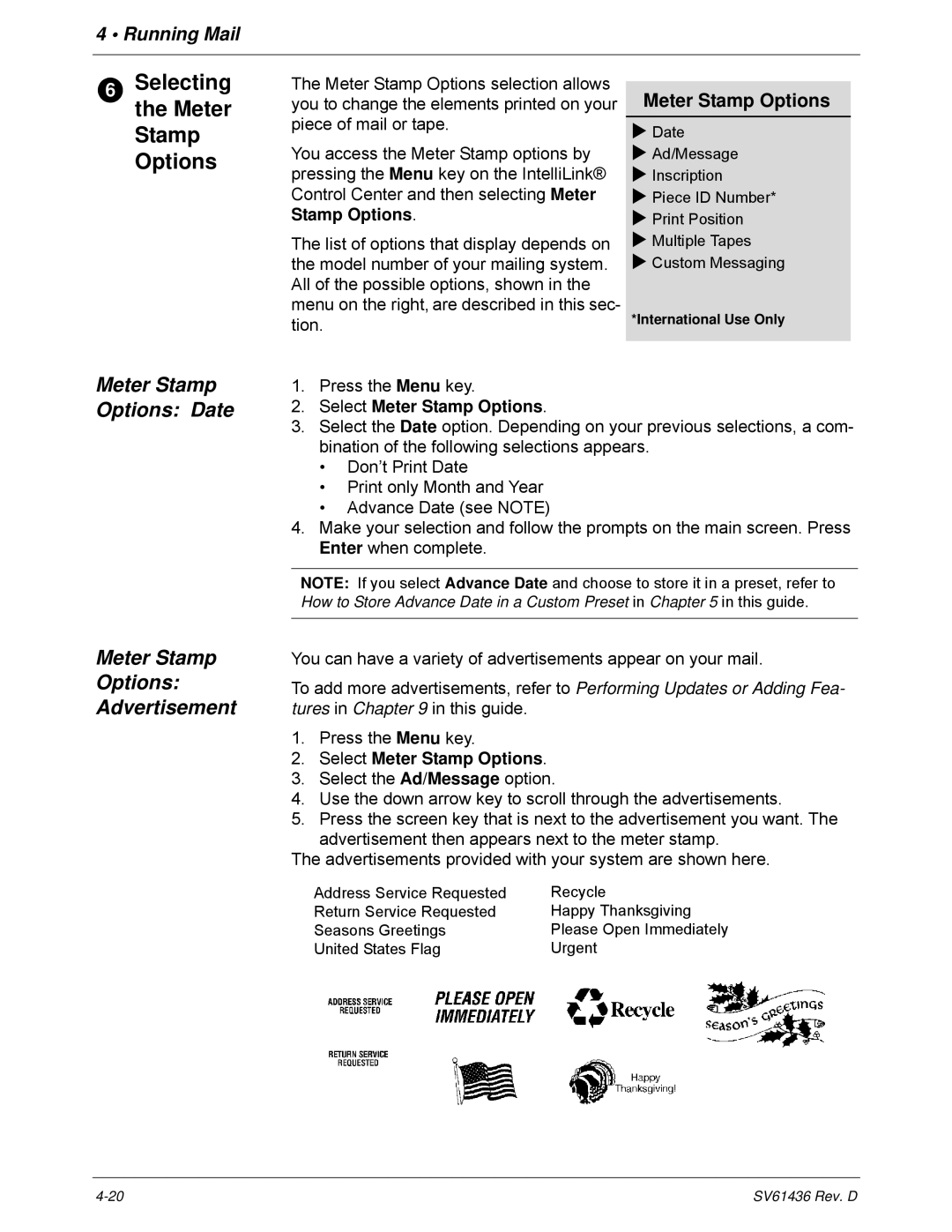 Pitney Bowes DM550, DM500 Selecting the Meter Stamp Options, Meter Stamp Options Date, Meter Stamp Options Advertisement 