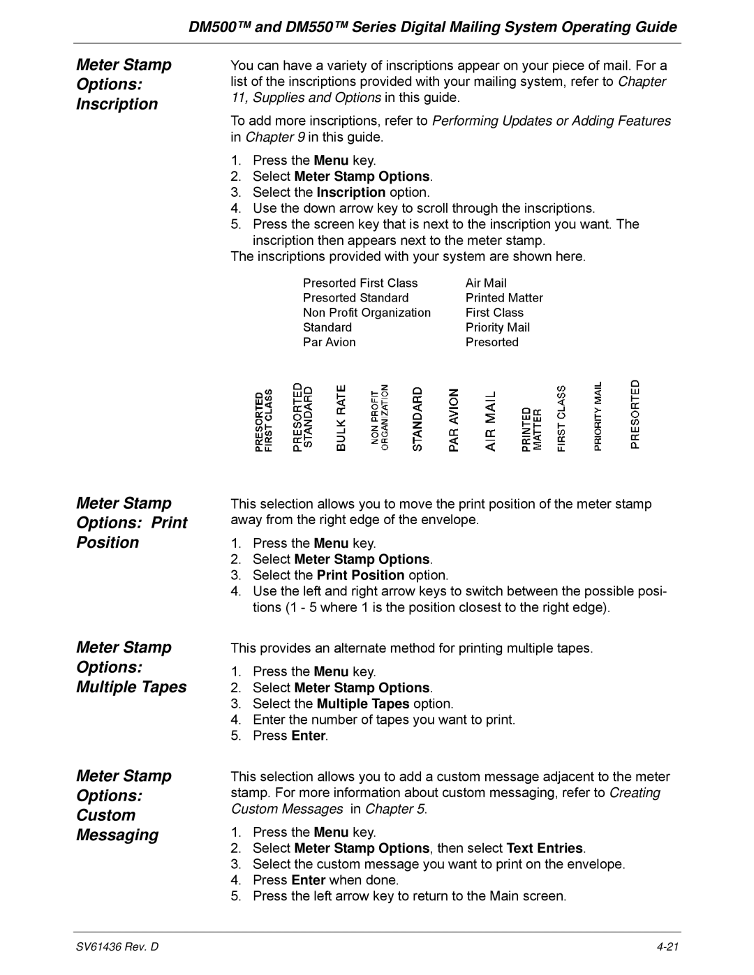 Pitney Bowes DM500, DM550 manual Select Meter Stamp Options, then select Text Entries 