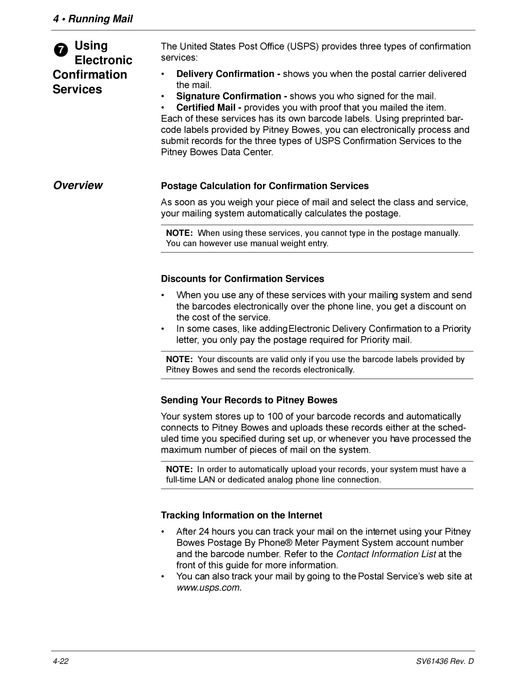 Pitney Bowes DM550, DM500 Overview, Postage Calculation for Confirmation Services, Discounts for Confirmation Services 