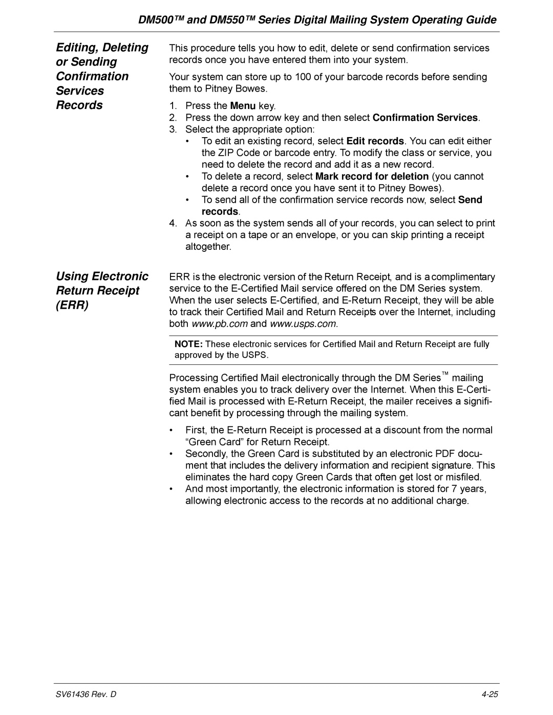 Pitney Bowes DM500, DM550 manual SV61436 Rev. D 