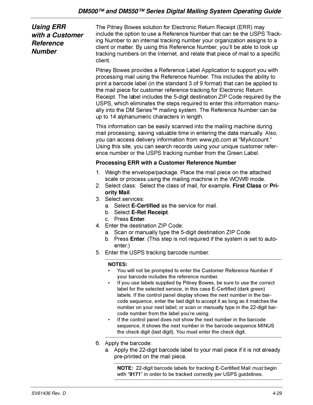 Pitney Bowes DM500, DM550 manual Using ERR With a Customer Reference Number, Processing ERR with a Customer Reference Number 