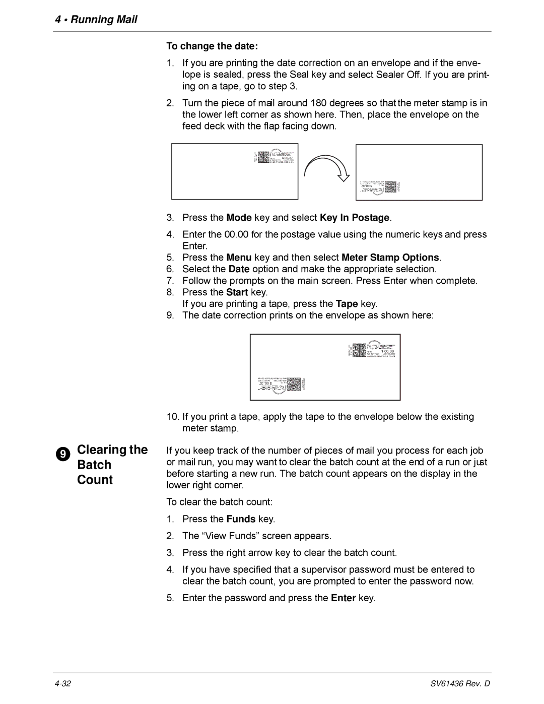 Pitney Bowes DM550, DM500 manual ClearingBatch the Count, To change the date 