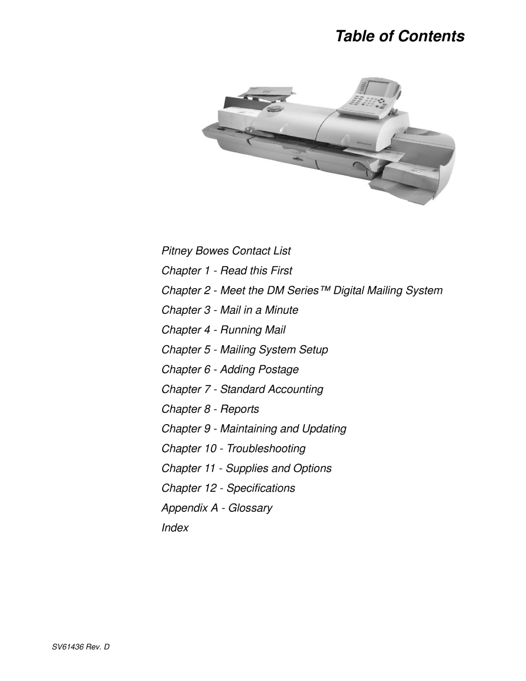 Pitney Bowes DM500, DM550 manual Table of Contents 