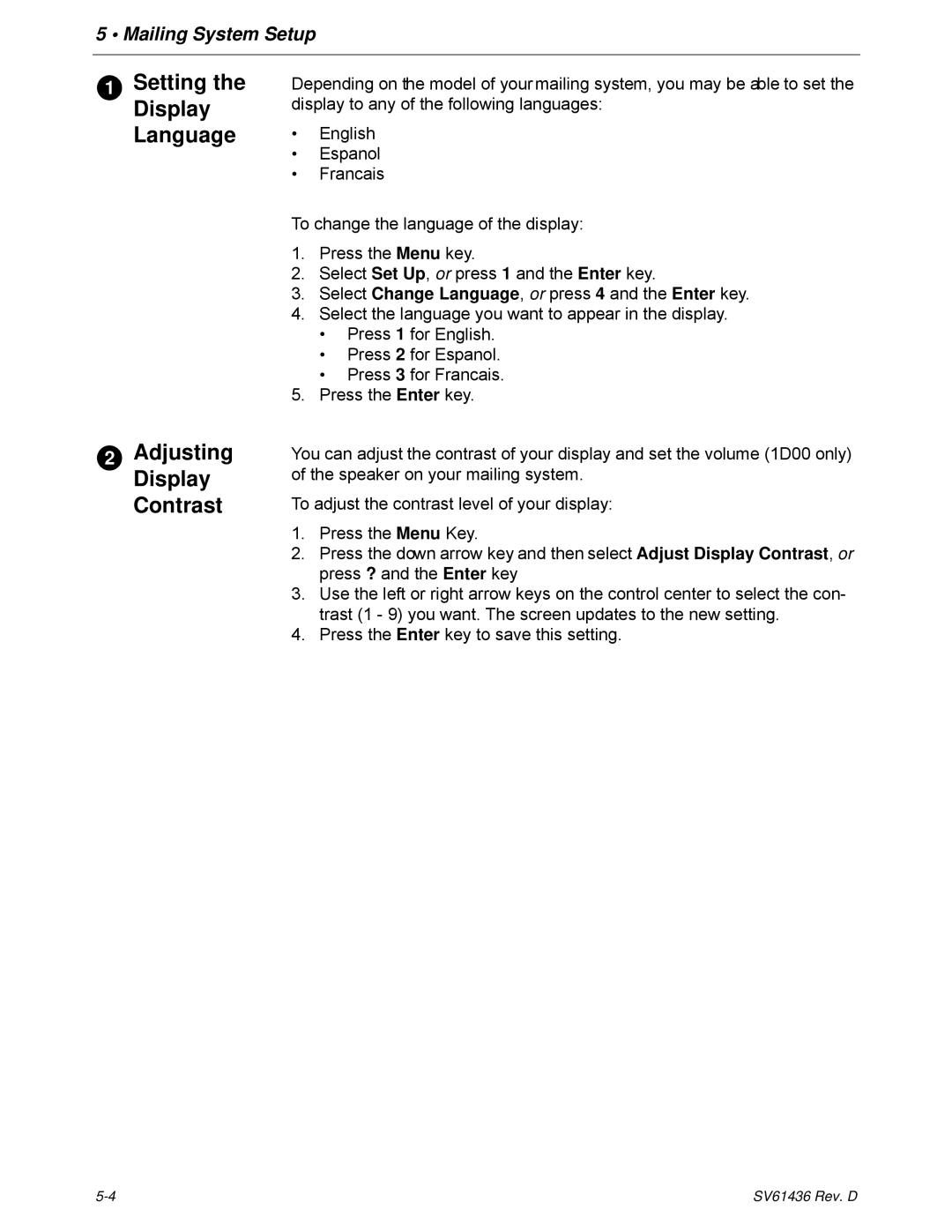 Pitney Bowes DM550, DM500 manual Setting the Display Language Adjusting Display Contrast 