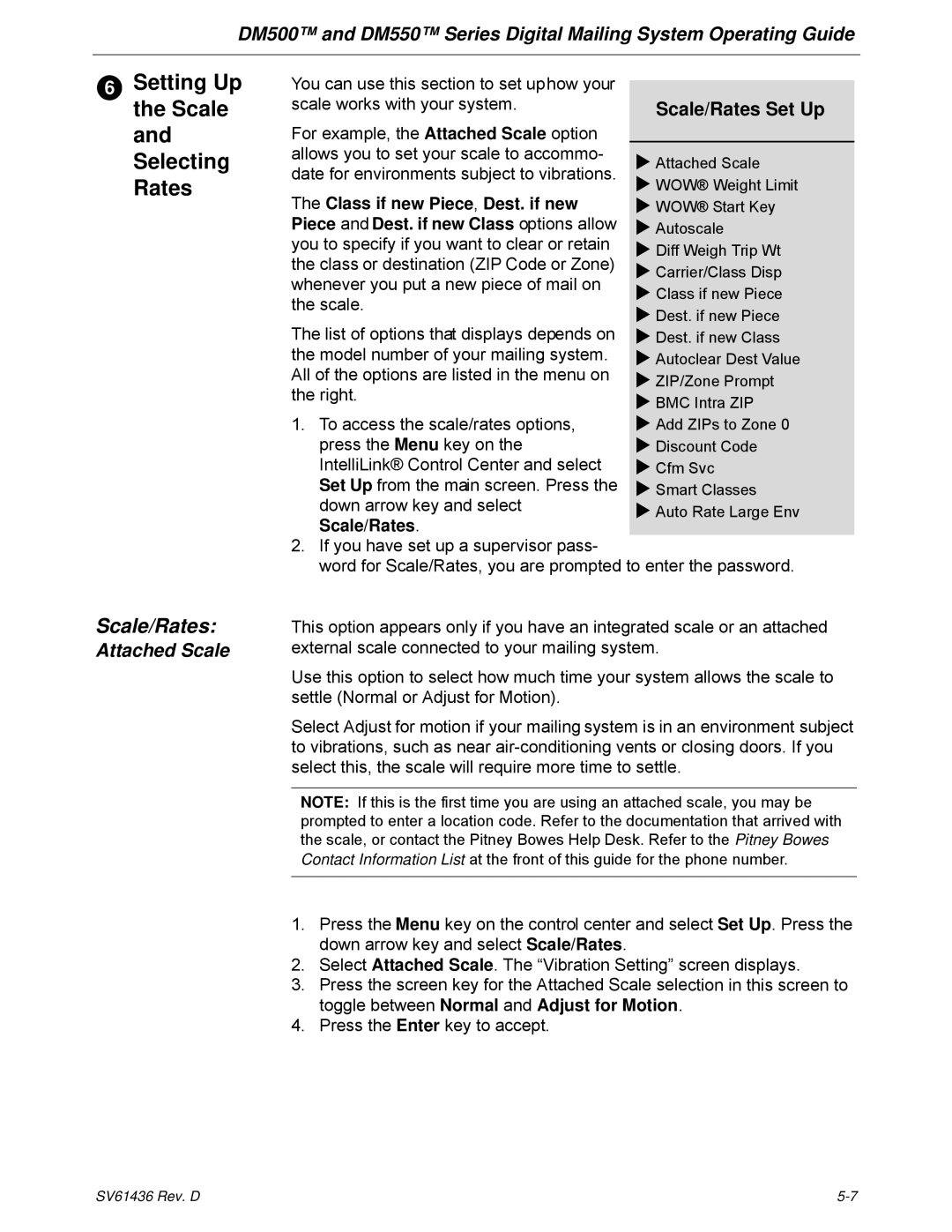 Pitney Bowes DM500, DM550 manual Setting Up the Scale and Selecting Rates, Scale/Rates, Class if new Piece, Dest. if new 