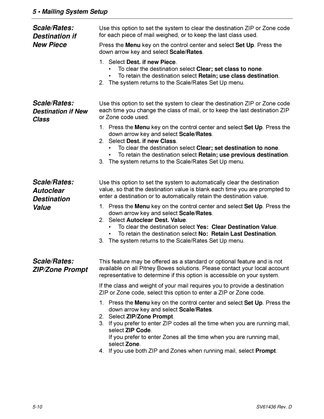 Pitney Bowes DM550, DM500 manual Scale/Rates Destination if New Piece, Scale/Rates Autoclear Destination Value 