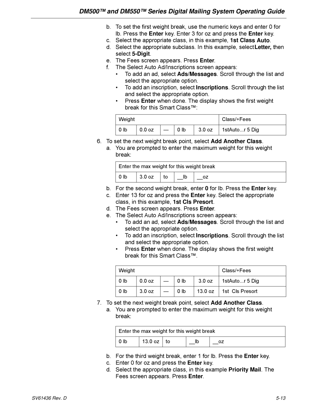 Pitney Bowes DM500, DM550 manual To set the next weight break point, select Add Another Class 