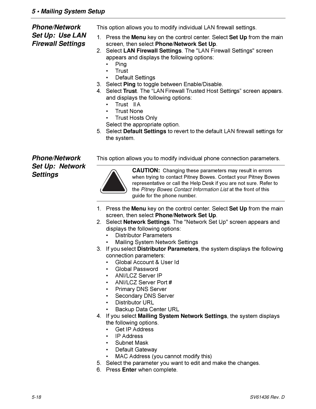 Pitney Bowes DM550, DM500 manual Phone/Network Set Up Use LAN Firewall Settings, Phone/Network Set Up Network Settings 