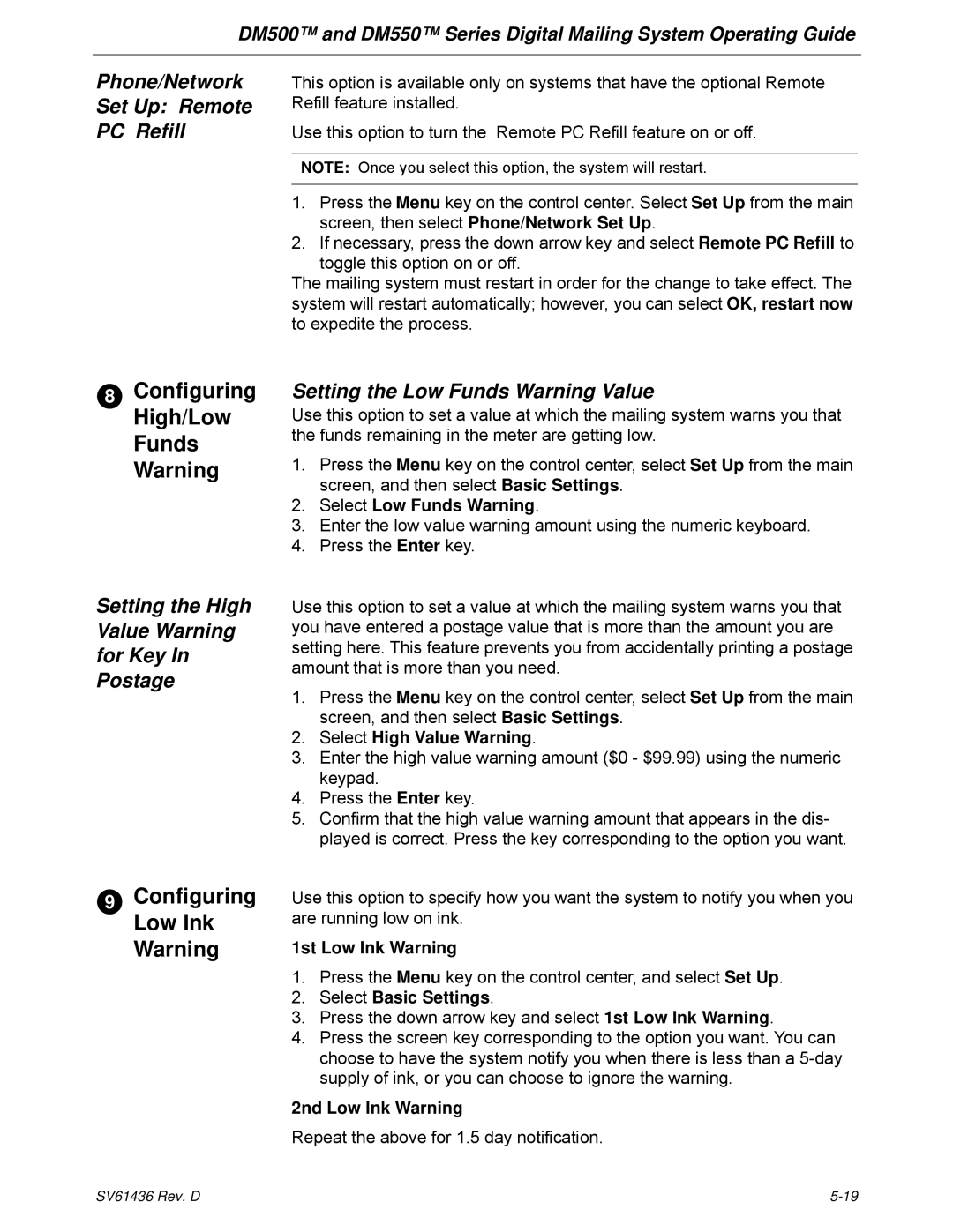 Pitney Bowes DM500 Configuring High/Low Funds Warning, Configuring Low Ink Warning, Phone/Network Set Up Remote PC Refill 