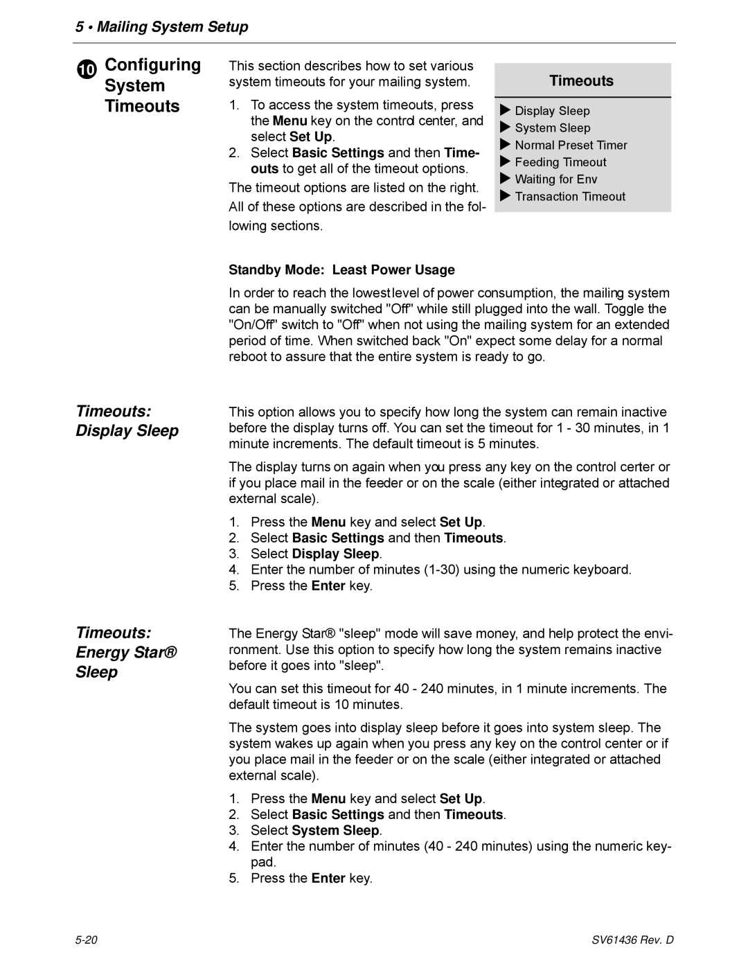 Pitney Bowes DM550, DM500 manual Timeouts Display Sleep Energy Star, Standby Mode Least Power Usage 