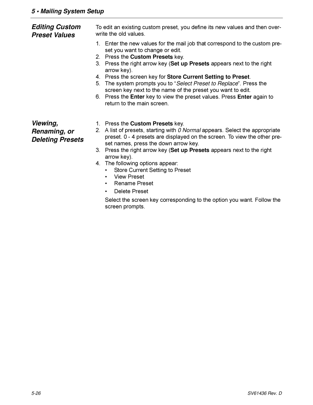 Pitney Bowes DM550, DM500 manual Editing Custom Preset Values, Viewing, Renaming, or Deleting Presets 