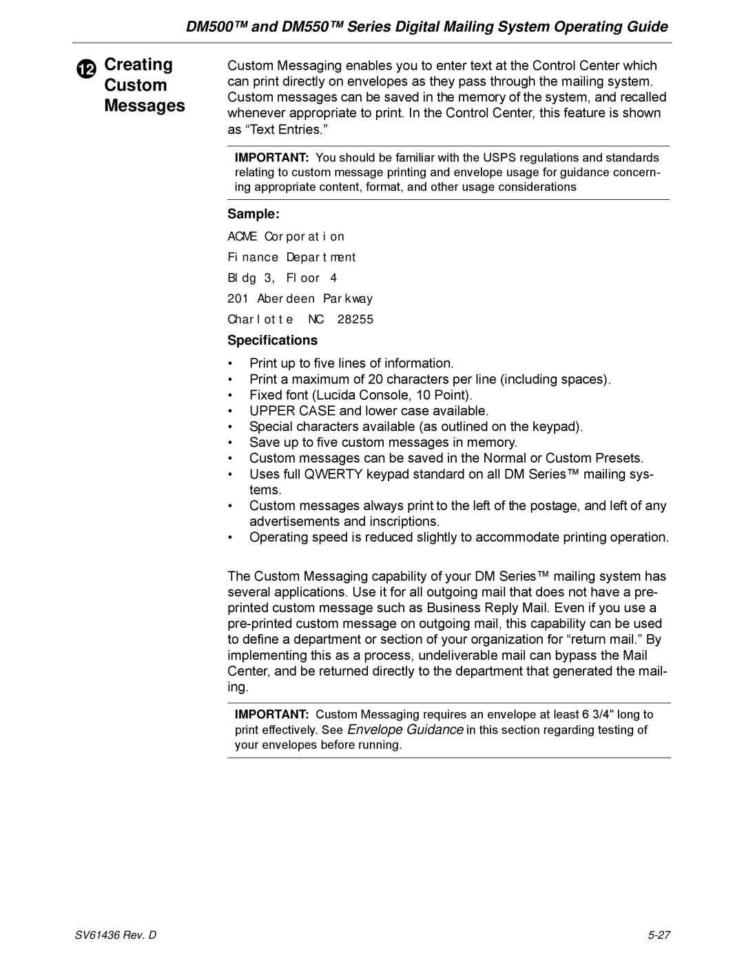 Pitney Bowes DM500, DM550 manual Sample, Specifications 