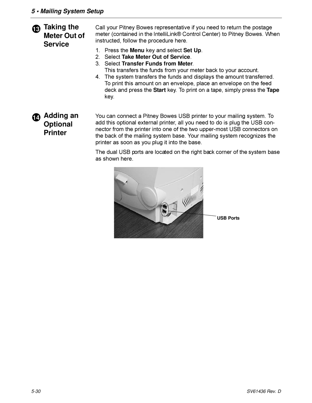 Pitney Bowes DM550, DM500 manual Taking the Meter Out of Service, Adding an Optional Printer 