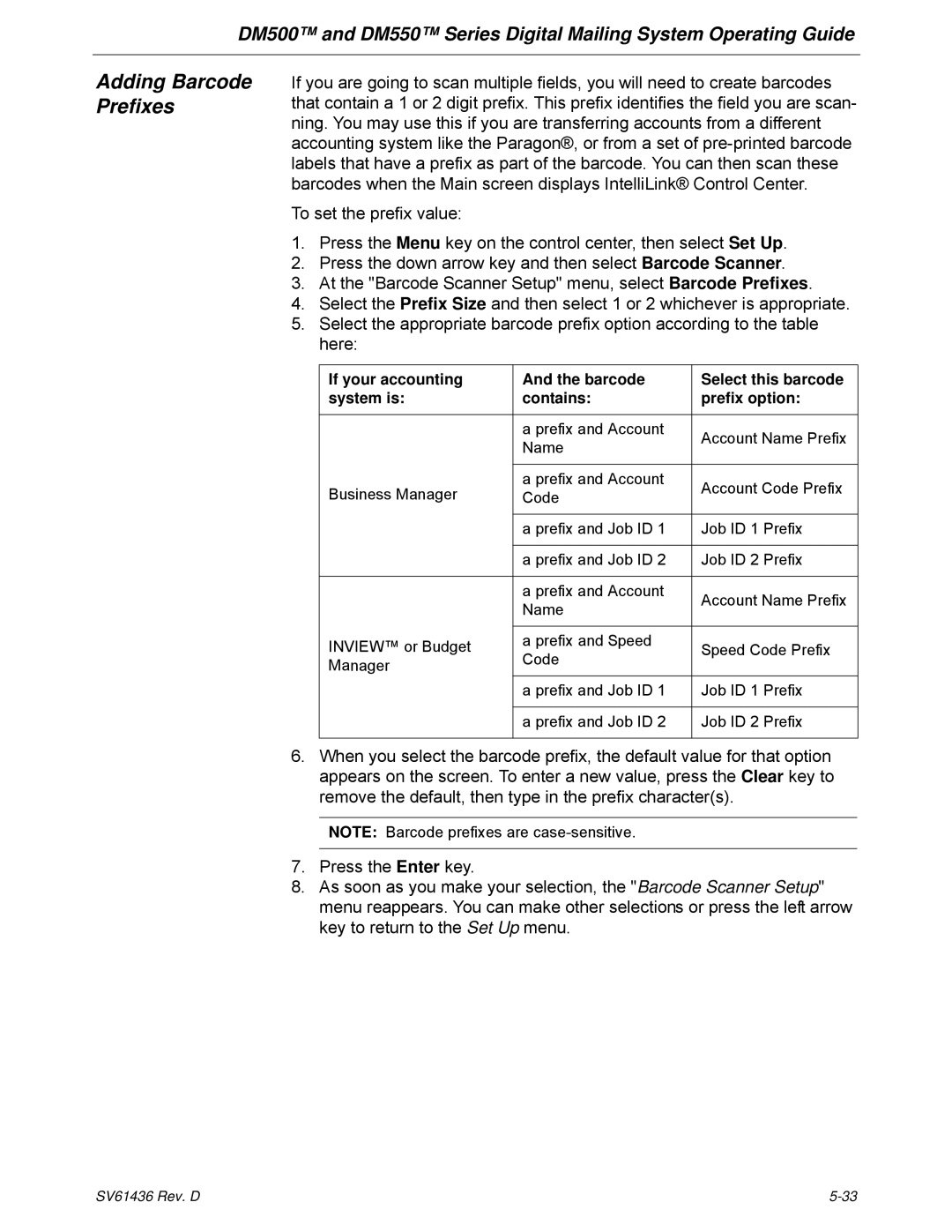 Pitney Bowes DM500, DM550 manual Adding Barcode Prefixes 