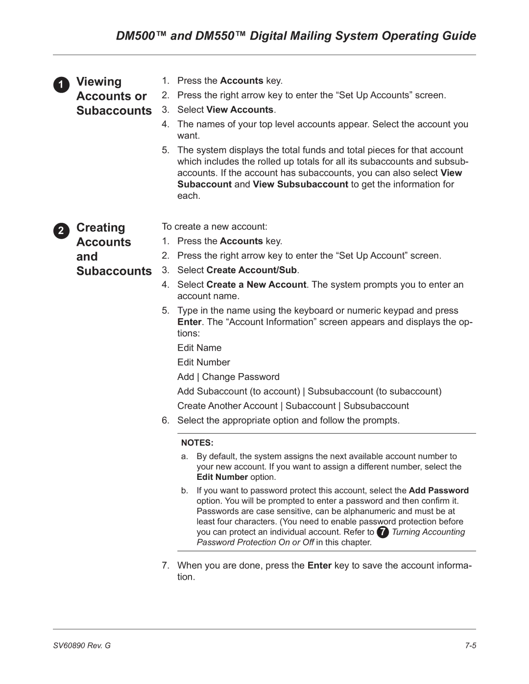 Pitney Bowes DM500, DM550 manual Viewing, Accounts or, Subaccounts, Creating 