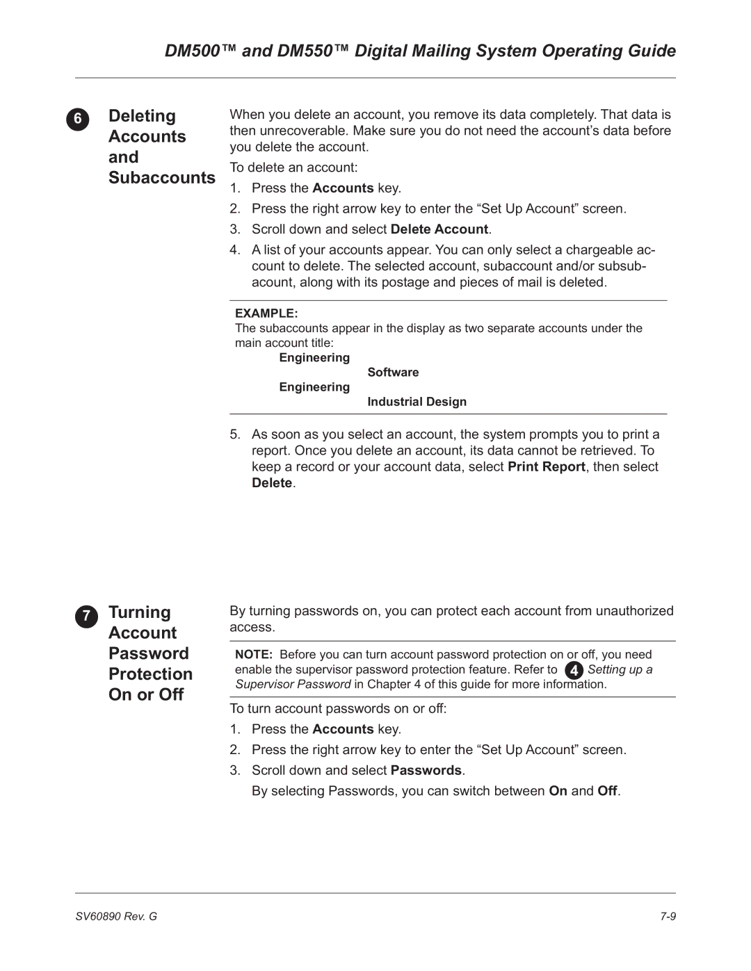 Pitney Bowes DM500, DM550 manual Turning Account Password Protection On or Off, Deleting Accounts and Subaccounts 
