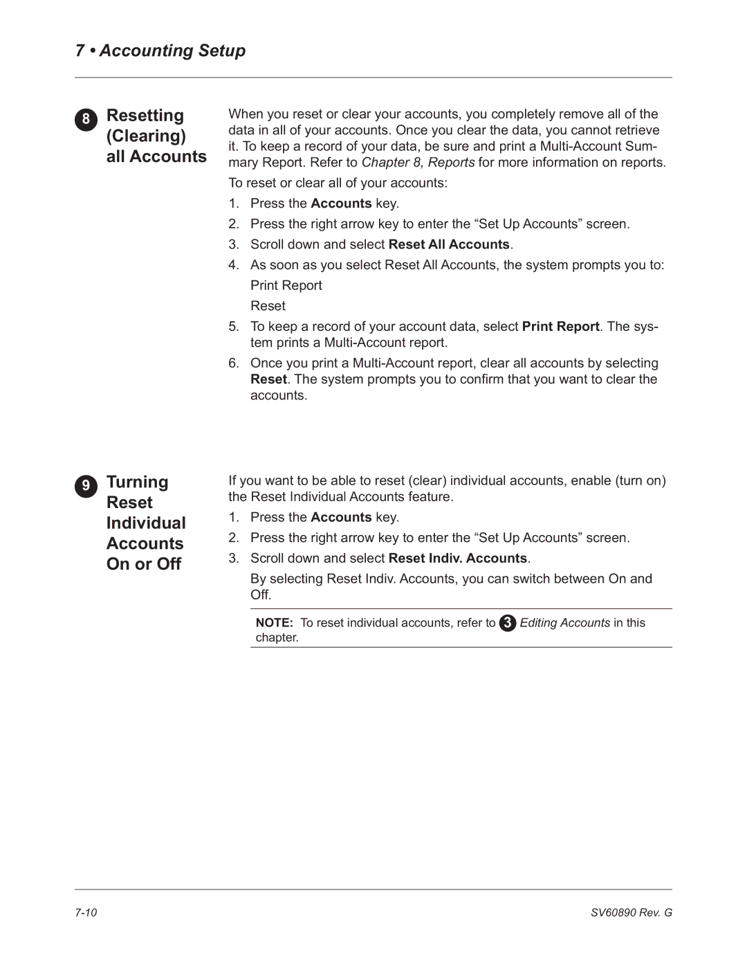 Pitney Bowes DM550, DM500 manual Turning Reset Individual Accounts On or Off, Resetting Clearing all Accounts 