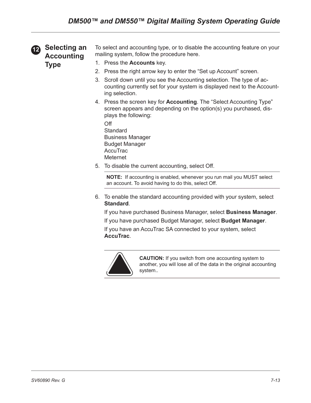 Pitney Bowes DM500, DM550 manual Selecting an Accounting Type 