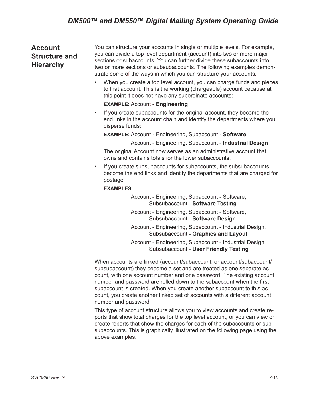 Pitney Bowes DM500, DM550 manual Account Structure Hierarchy, Example Account Engineering, Subsubaccount Graphics and Layout 