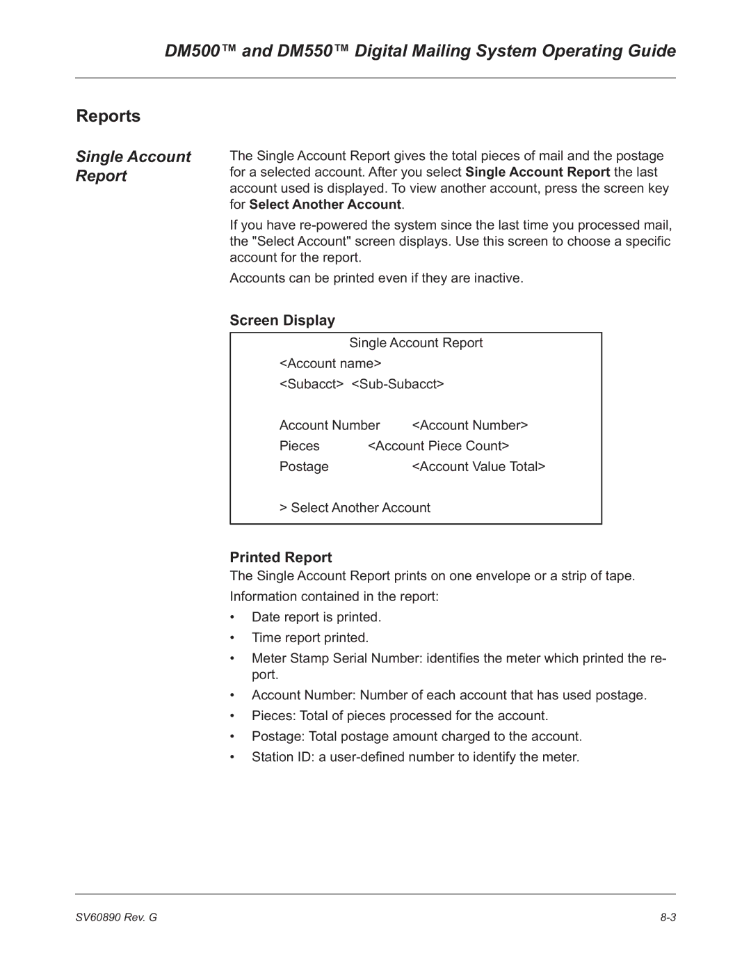 Pitney Bowes DM500, DM550 manual Reports, Single Account Report, Screen Display, Printed Report 