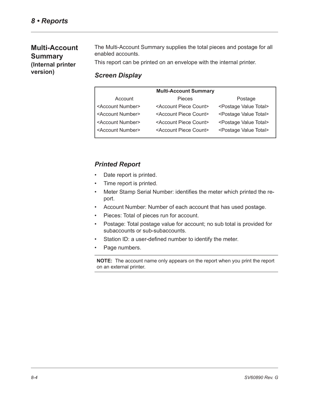 Pitney Bowes DM550, DM500 manual Multi-Account Summary, Screen Display, Printed Report, Internal printer version 