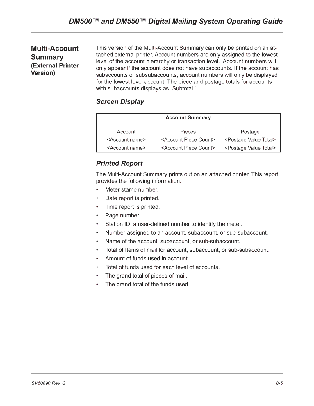 Pitney Bowes DM500, DM550 manual External Printer Version, Account Summary 