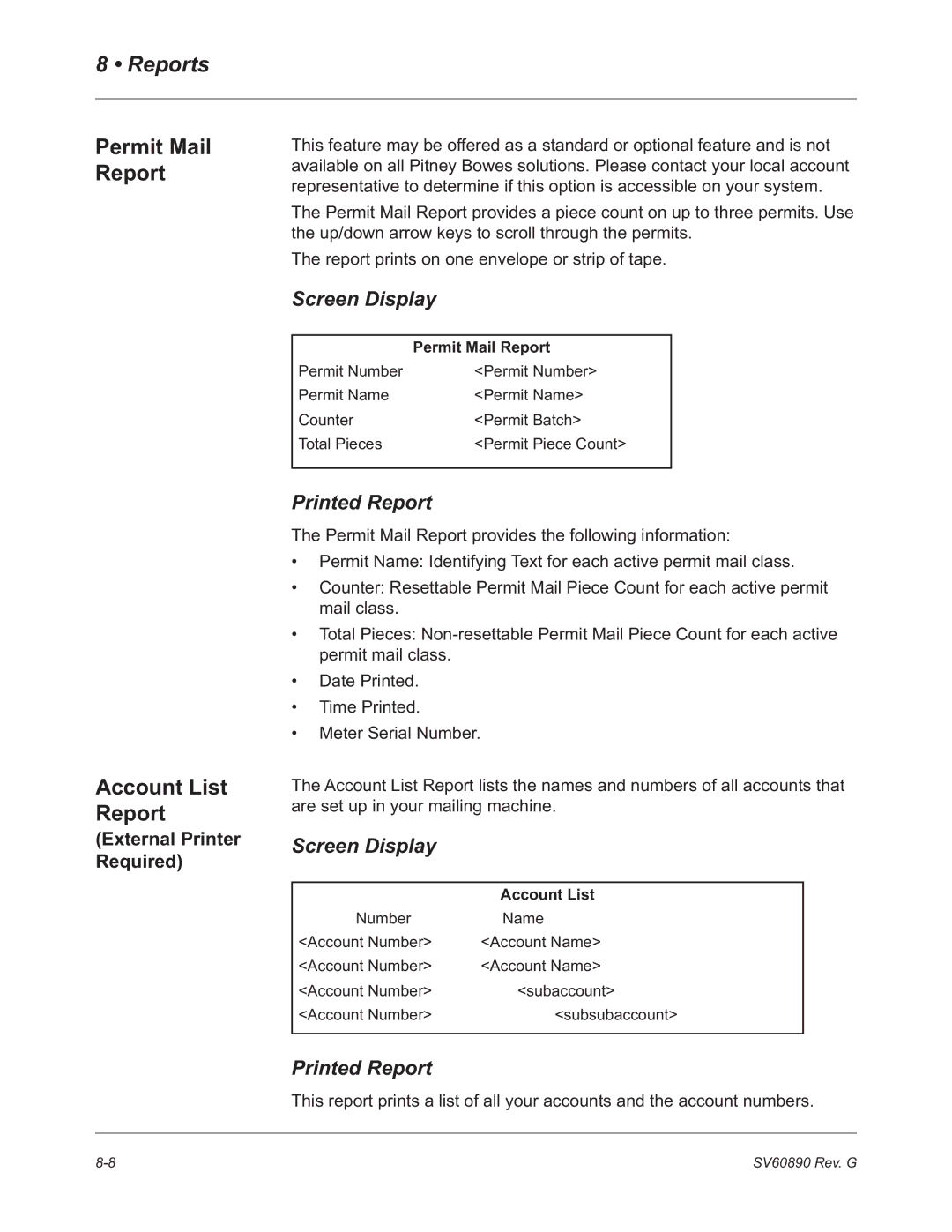 Pitney Bowes DM550, DM500 manual Permit Mail Report, Account List Report, External Printer Required 