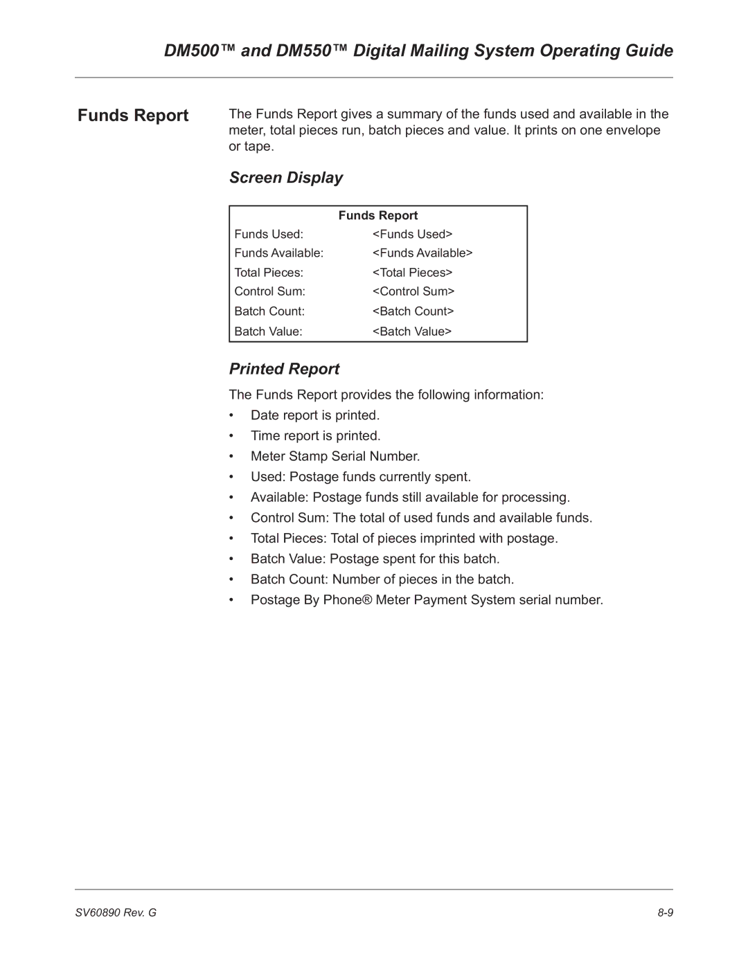 Pitney Bowes DM500, DM550 manual Funds Report 