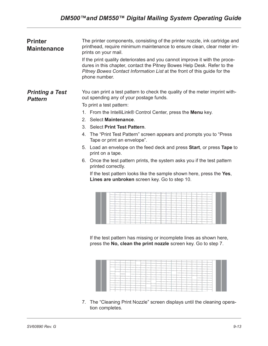 Pitney Bowes DM500, DM550 manual Printer Maintenance, Printing a Test Pattern, Select Maintenance Select Print Test Pattern 