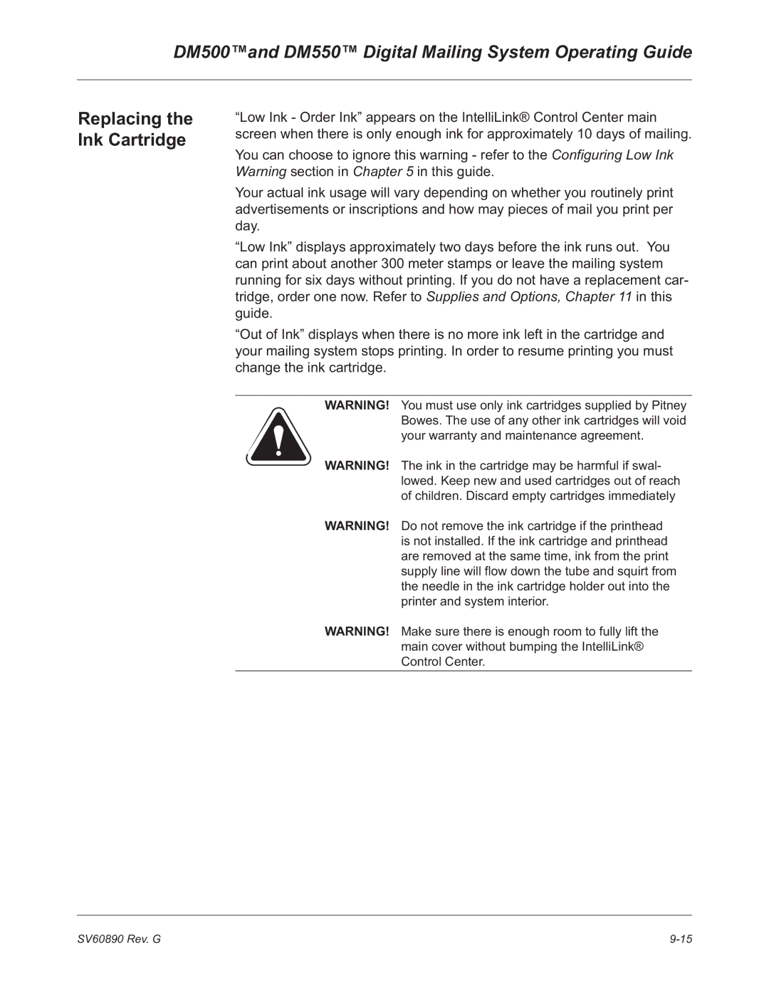 Pitney Bowes DM500, DM550 manual Replacing the Ink Cartridge 