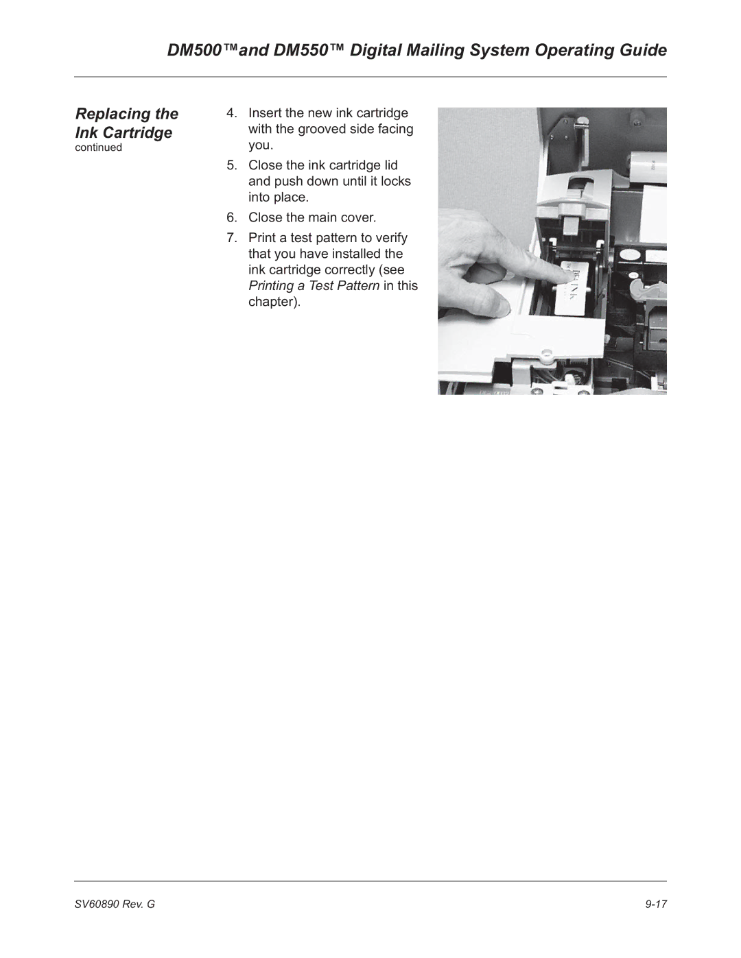 Pitney Bowes DM500, DM550 manual Replacing the Ink Cartridge 