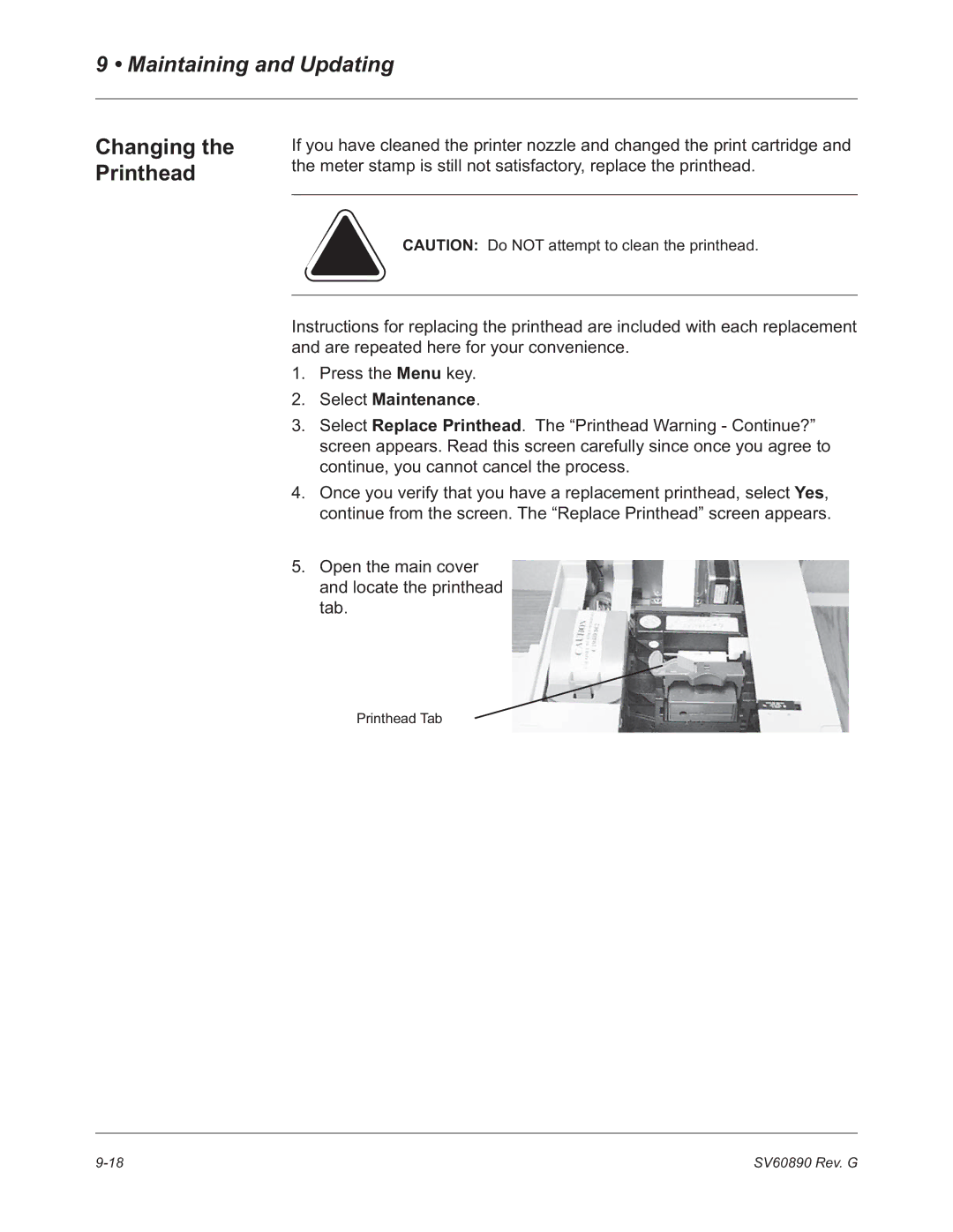 Pitney Bowes DM550, DM500 manual Changing the Printhead, Select Maintenance 